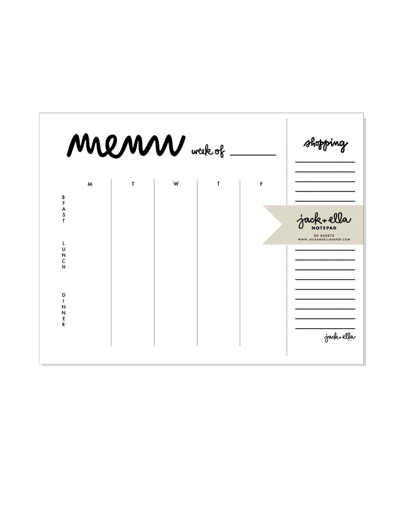 Weekly Menu Plus With Market List Notepad GracieBee Designs & Stationery