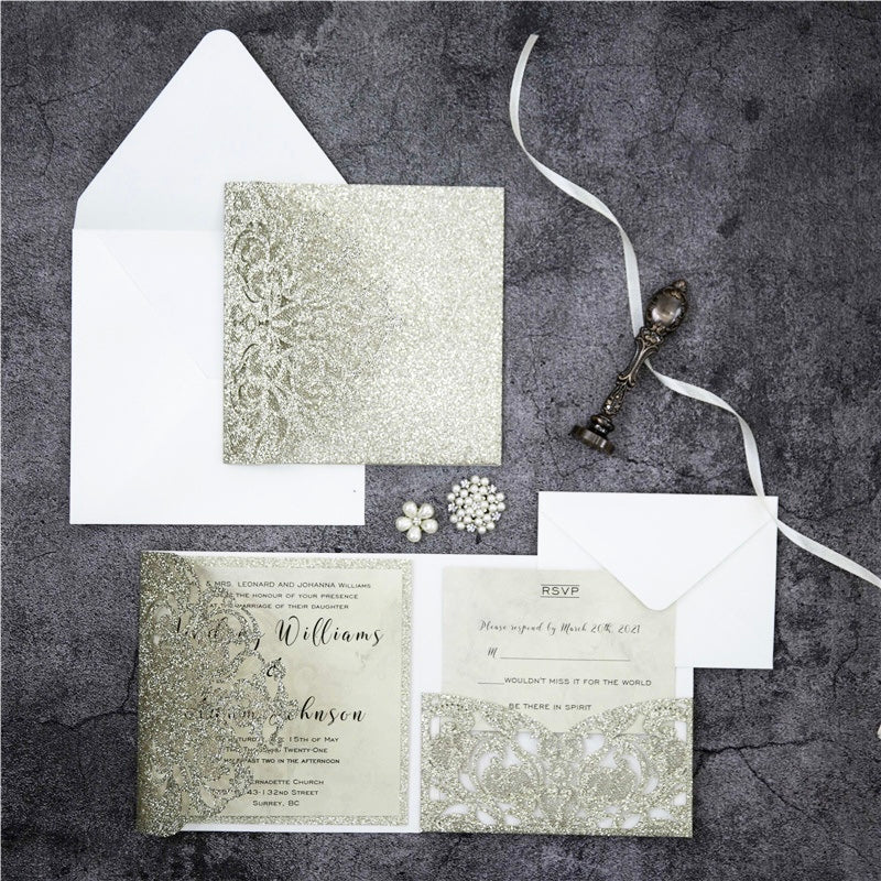 Floral Tri-Fold Glitter Invitation Suite GracieBee Designs & Stationery