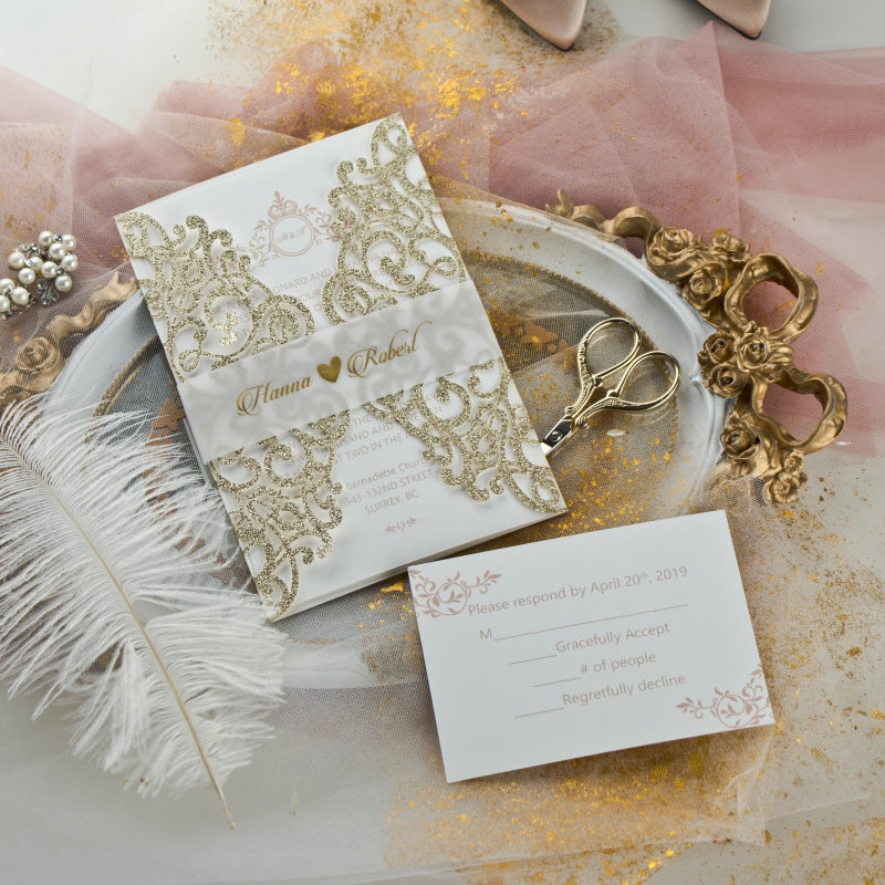 Gorgeous Lace Glitter Invitation Suite GracieBee Designs & Stationery
